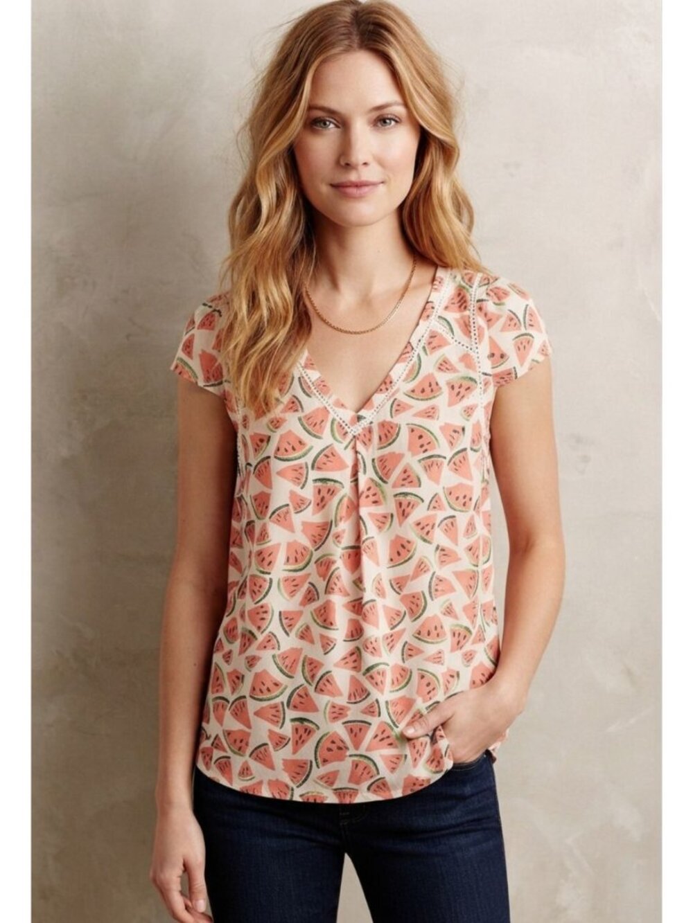 Maeve by Anthropologie Picnic Days Watermelon Print V-Neck Blouse 10 EUC